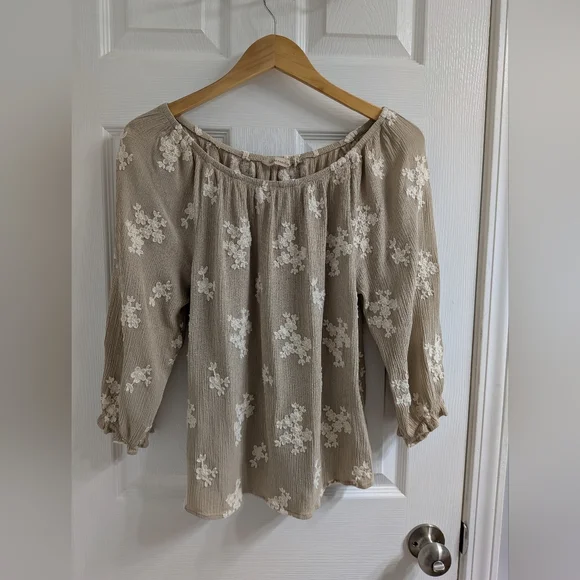 Soft Surroundings Beige White Embroidered Boho Blouse Womens Large - Picture 1 of 7